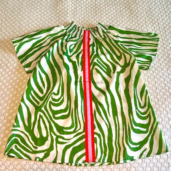 THML Tops - THML Green and White Zebra-Print Short Sleeve Top with Red Stripe